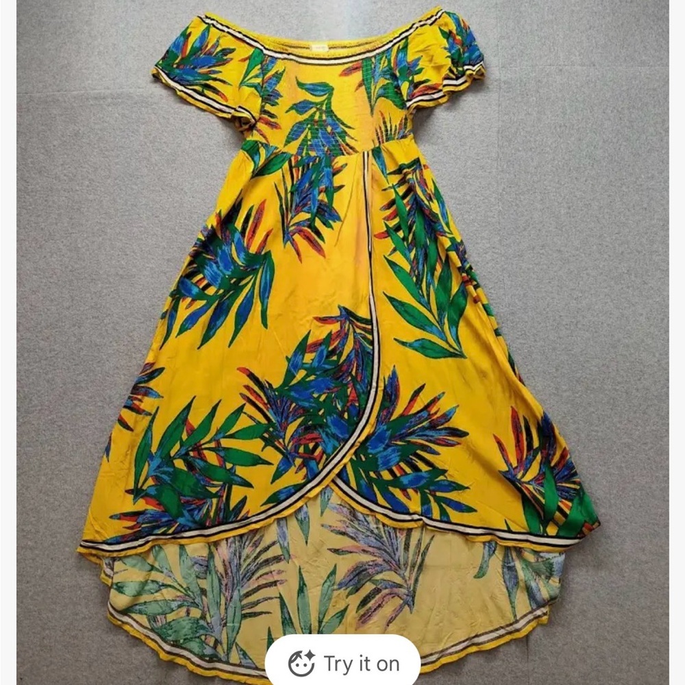 Jealous Tomato Yellow Tropical Maxi Dress Smocked Square Neck Short Sleeve SizeL
